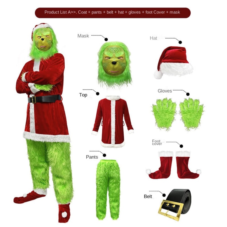 Grinch Adult Santa Costume Set | Funny Green Furry Christmas Cosplay Outfit for Men & Women Full set 7 pcs