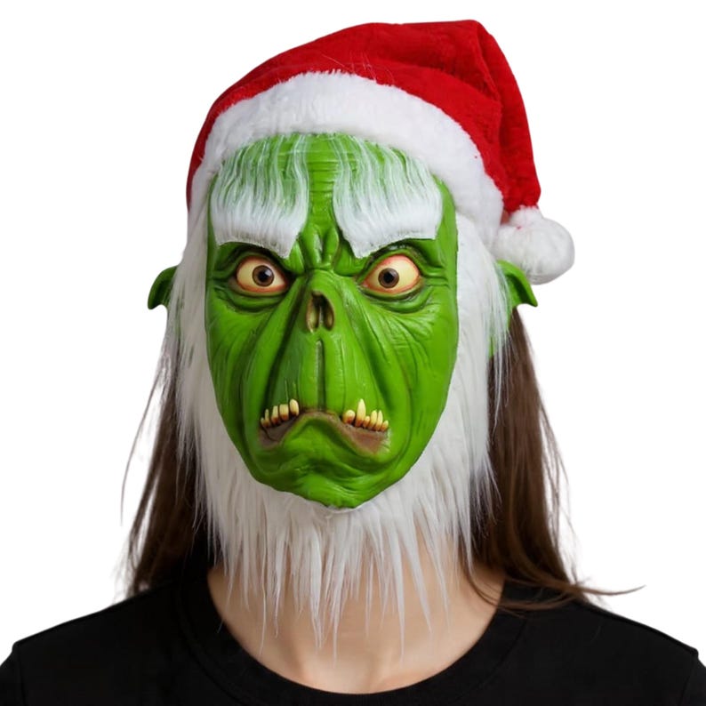 Grinch Adult Santa Costume Set | Funny Green Furry Christmas Cosplay Outfit for Men & Women Mask B