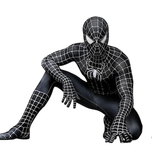 May include: A black Spider-Man costume with a white spider emblem on the chest. The suit features a web pattern and white eye lenses. The character is in a crouching position.
