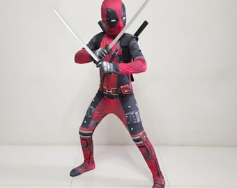 Kids Deadpool Cosplay Costume: 3D Print Jumpsuit, Mask & Sword Set