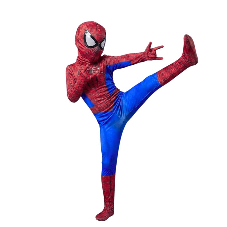 May include: A red and blue Spider-Man costume with a full head mask. The costume features a red spiderweb pattern on the upper body and legs, with blue sections on the torso and lower legs. The mask has large white eye shapes.