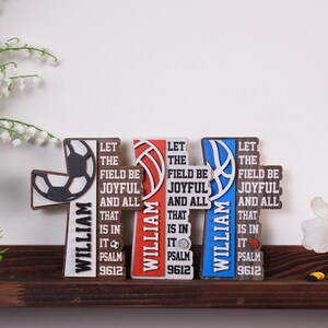 Personalized Sports Cross, Custom Name Scripture Wood Sign, Psalm 96:12, Soccer Basketball Volleyball Gift, Christian Boys Room Decor, Award