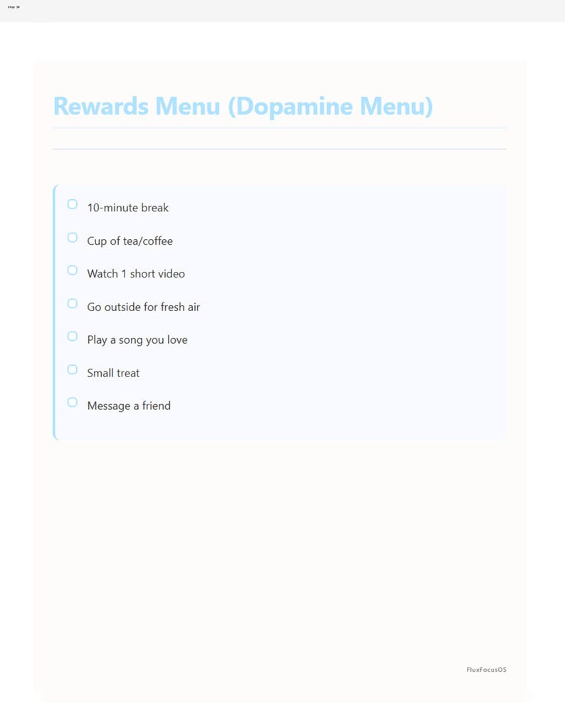 May include: A light blue and white "Rewards Menu (Dopamine Menu)" document. The menu lists options like a 10-minute break, a cup of tea/coffee, watching a short video, going outside, playing a song, a small treat, and messaging a friend.