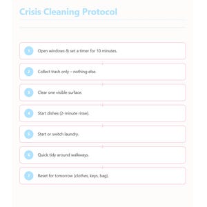 May include: A white document titled "Crisis Cleaning Protocol" with numbered steps. Instructions include opening windows, collecting trash, clearing surfaces, starting dishes and laundry, tidying walkways, and resetting for tomorrow.
