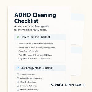 ADHD Cleaning Checklist Printable | 5-Page Minimal Home Reset Guide (PDF)