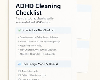 ADHD Cleaning Checklist Printable | 5-Page Minimal Home Reset Guide (PDF)
