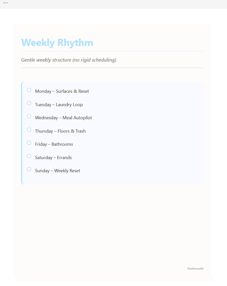 May include: A digital planner page titled "Weekly Rhythm" with a light blue header and a list of daily tasks. The tasks include "Surfaces & Reset," "Laundry Loop," and "Meal Autopilot." The text "Gentle weekly structure (no rigid scheduling)" is also present.