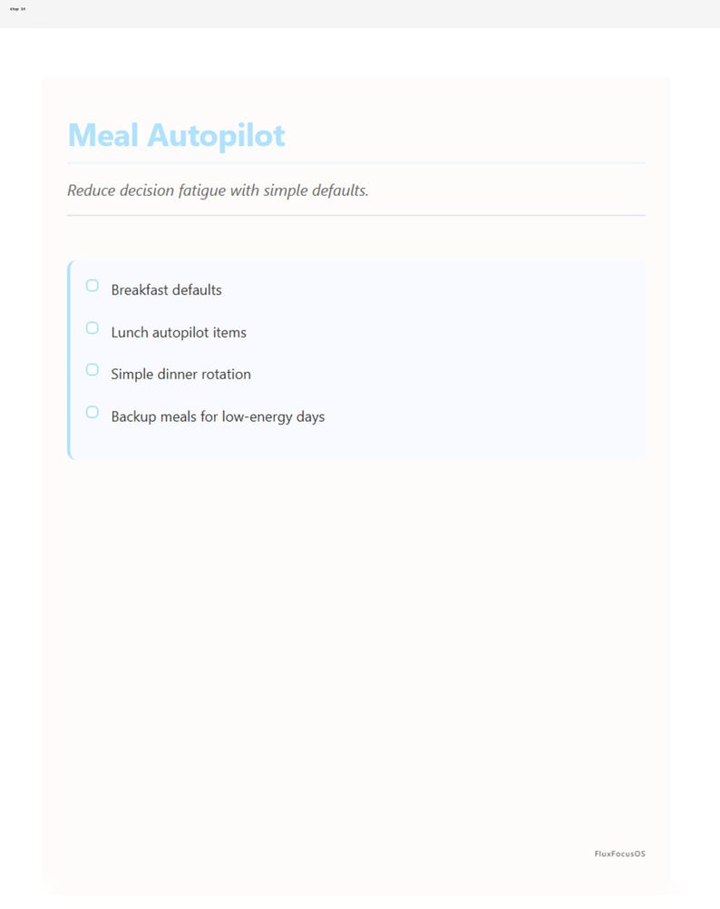 May include: A light blue page with the text "Meal Autopilot" and the tagline "Reduce decision fatigue with simple defaults." The page lists "Breakfast defaults," "Lunch autopilot items," "Simple dinner rotation," and "Backup meals for low-energy days."