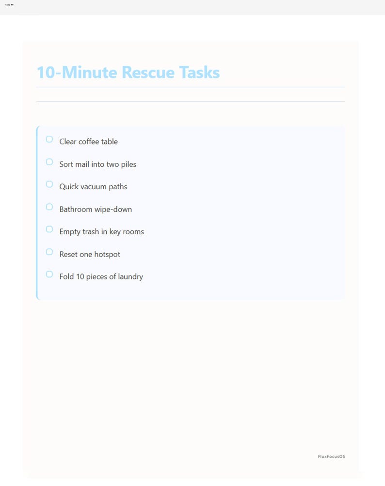 May include: A digital document titled "10-Minute Rescue Tasks" with a light blue background. The document lists tasks such as clearing a coffee table, sorting mail, vacuuming, and folding laundry. The text is in a clean, sans-serif font.