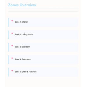 May include: A digital document titled "Zones Overview" with a light blue header. The document lists five zones: Kitchen, Living Room, Bedroom, Bathroom, and Entry & Hallways, each marked with a pink pin.