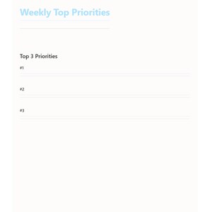 May include: A white digital planner page with the text "Weekly Top Priorities" in light blue. The page includes sections for "Top 3 Priorities" with numbered lines for each priority. The bottom of the page has the text "FluxFocusOS".