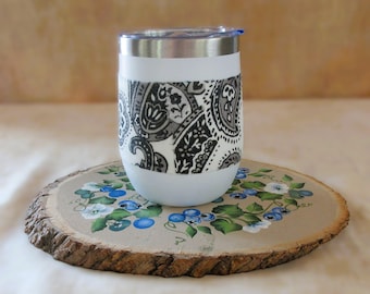 Travel Mug,12oz stainless tumbler,floral,cotton fabric,decoupage,thermal beverage holder,comfortable grip,rounded shape,clear lid,travel