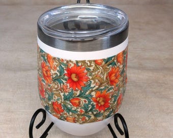 Vibrant colors 12oz stainless tumbler,floral, botanical, thermal beverage holder,comfortable grip,rounded shape,clear lid, hot and cold cup