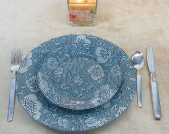 Dinnerware service for 4,Fabric backed glass plates,reverse decoupage. Gift for Mom, wedding shower, treat yourself. Dinner 10.5" Salad 7.5"