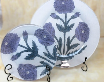 Dinnerware set of 4,Vintage Fabric backed glass plates. Gift for Mom,wedding shower,hand crafted.Dinner 10.5"Salad 7.5", reverse decoupage
