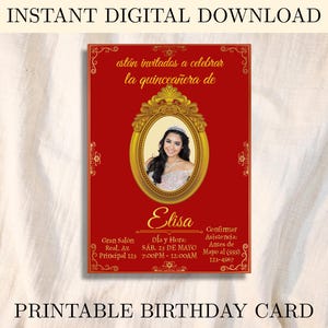 May include: A red printable birthday card with gold ornate borders and text. The card features a portrait of a young woman in an oval frame. The text reads "INSTANT DIGITAL DOWNLOAD" and "PRINTABLE BIRTHDAY CARD".