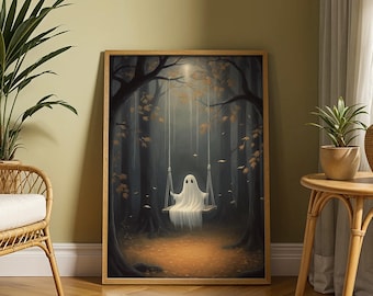 Halloween Whimsical Ghost Fall Season, Spooky Horror Cute Ghost Painting Wall Art (Digital Download)