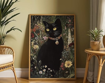 Halloween Black Cat With Wild Flower, Spooky Horror Cute Halloween Animal Painting Wall Art (Digital Download)