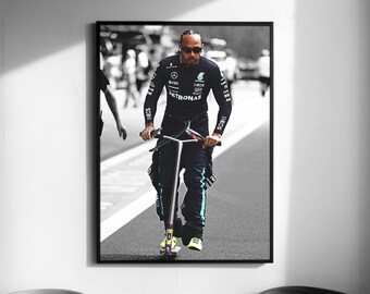 Hamilton on Scooter, Formula 1 Racing, Vintage Retro Art (Digital Download)