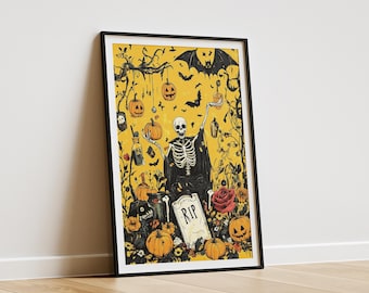 Skeleton Halloween Vibe Wall Art Print, Retro Fright Night Poster, Cute Girl Pumpkin Decor, Orange Halloween Poster, Spooky Room Decor