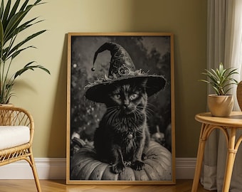 Halloween Black Cat With Wizard Hat Halloween Fall Season, Spooky Horror Ghost Painting Wall Art (Digital Download)