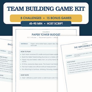 Puede incluir: Un kit de juegos de team building con 8 desafíos, 15 juegos extra y un guion para el anfitrión de 45-90 minutos. El kit incluye hojas de instrucciones impresas para actividades como Paper Tower Budget y The Impossible P, detallando materiales y reglas.