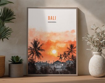 Bali Wall Art | Sunset Watercolor Poster | Indonesia Travel Print | Minimalist Island Decor | Printable Tropical Art