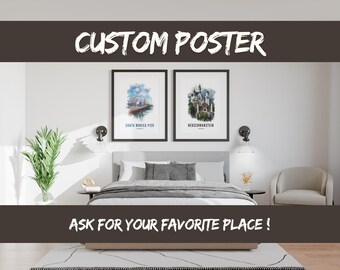 Custom Travel Poster – Personalized Location Watercolor Print | Custom City Wall Art | Minimalist Landscape Illustration