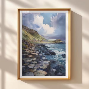 Pôster da Calçada dos Gigantes – Impressão em aquarela da Irlanda | Arte de parede com colunas de basalto | Ilustração minimalista de paisagem costeira