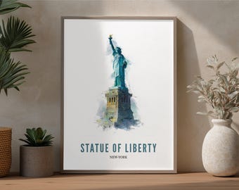Estatua de la Libertad, póster de viaje, impresión de arte mural de Nueva York, ilustración de pintura de Nueva York, decoración del hogar de acuarela imprimible de Nueva York, póster retro