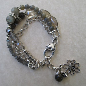 Labradorite and Smoky Quartz Stacked Charm Bracelet