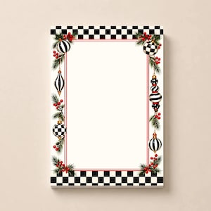 May include: A rectangular stationery sheet featuring a black and white checkered border. The inner frame is decorated with green pine needles, red berries, and various black and white patterned Christmas ornaments hanging along the sides.