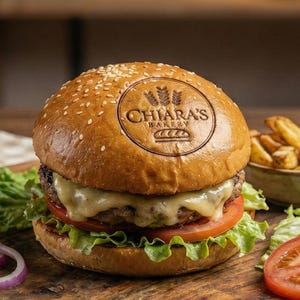 May include: A gourmet burger with a sesame seed bun, cheese, tomato, and lettuce, served on a wooden cutting board. Accompanied by fries, sliced tomatoes, and red onion rings. The bun is branded with "Chiara's Bakery".