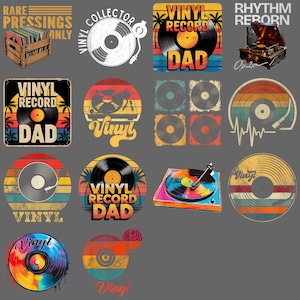 Könnte beinhalten: Eine Sammlung von Vinyl-Schallplatten-Designs mit Retro-Sonnenuntergangs- und Palmen-Grafiken. Die Designs enthalten den Text "Vinyl Record Dad", "Vinyl Collector" und "Rare Pressings Only". Die Farbpalette umfasst Orange, Gelb, Blau und Schwarz.