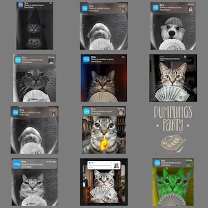 Puede incluir: Una colección de imágenes con gatos y un perro, cada uno sosteniendo un abanico de dinero o usando un sombrero. Las imágenes se muestran dentro de un marco de notificación Ring, con el texto "There is motion at your Front Door."