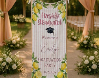 Personalized Linen Graduation Tapestry: Welcome Sign Lemon Theme Pink Striped Banner