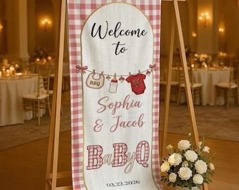 Personalized BaByQ Polyester Linen Tapestry: Custom Gingham Picnic Baby Shower Welcome Sign