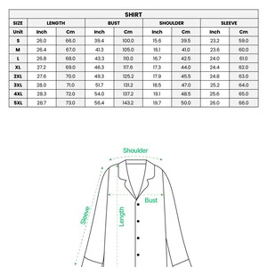 May include: Image of a chart detailing measurements for an all-over print satin pajama shirt. The chart includes sizes S to 5XL, with measurements in inches and centimeters for length, bust, shoulder, and sleeve. The text at the top reads "ALL-OVER PRINT SATIN PAJAMAS SET (NO POCKET)".