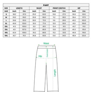 May include: A chart detailing the measurements of satin pajama pants. The chart includes sizes S to 5XL, with measurements in inches and centimeters for length, waist, front crotch, and hip. The image also shows a diagram of the pant.