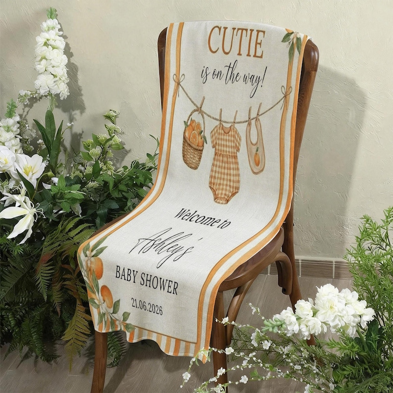 Personalized Fabric Welcome Banner: Little Cutie Baby Shower Citrus Orange Party Sign image 3