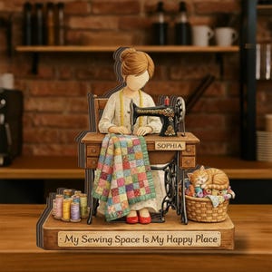 Può includere: Una statuetta in legno di una persona con capelli castani seduta a una macchina da cucire vintage, intenta a cucire una trapunta patchwork colorata. Un cesto con un gatto arancione addormentato e rocchetti di filo è vicino. La base recita My Sewing Space Is My Happy Place.
