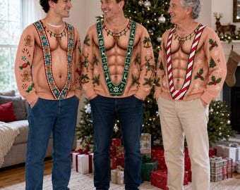 Funny Christmas Sweatshirt, Muscle and Dad Bod Print, Ugly Sweater Party Gag Gift