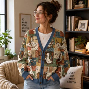 May include: A long-sleeve V-neck cardigan featuring a patchwork pattern of white geese reading books, bookshelves, and floral motifs. The garment has a blue trim along the button placket, cuffs, and hem, with five brown buttons down the front.