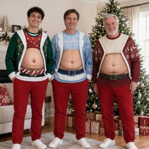 Peut inclure: Trois pulls au design court qui expose le ventre, portés avec des pantalons rouges. Les pulls incluent un modèle vert avec une bordure blanche, un bleu clair avec des motifs de flocons et un bordeaux avec une texture en maille torsadée.