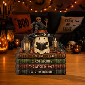 Könnte beinhalten: Ein dekorativer Holzausschnitt mit einem Geist, der einen Hexenhut trägt, ein Buch liest und auf einem Stapel aus vier Büchern mit den Titeln The Midnight Library, Ghost Stories, The Witching Hour und Haunted Folklore sitzt, samt Laterne.