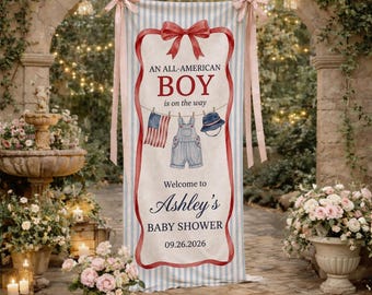 Personalized All-American Boy Baby Shower Banner: Custom Baby Name Patriotic Line Tapestry