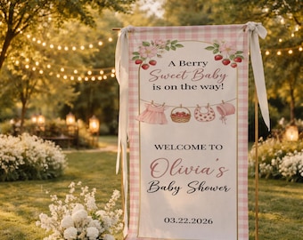 Personalized Linen Baby Shower Tapestry: Strawberry Theme Welcome Sign with Name Date Banner