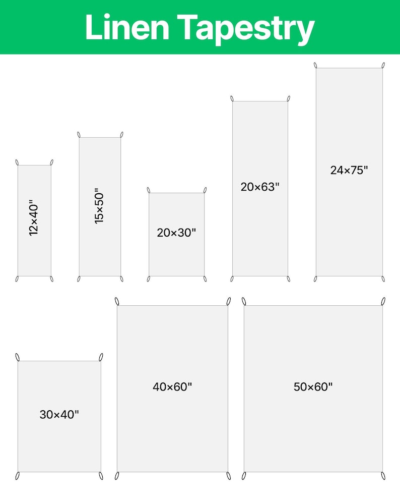 May include: A white linen tapestry size chart featuring the text Linen Tapestry at the top. Seven rectangular outlines are displayed with dimensions in inches: 12x40, 15x50, 20x30, 20x63, 24x75, 30x40, 40x60, and 50x60, each with small corner loops.