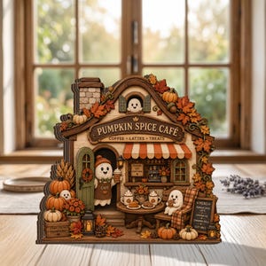 May include: A multi-layered wooden decorative display of a Pumpkin Spice Café featuring ghost figures, autumn leaves, pumpkins, and a menu board. The sign reads PUMPKIN SPICE CAFÉ COFFEE LATTES TREATS. The scene includes a ghost barista and a ghost customer.