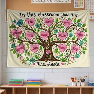 May include: A cream-colored wall tapestry featuring a brown tree with heart-shaped leaves containing the words Kind, Creators, Special, Important, Trusted, Unique, Amazing, Smart, Respected, Loved, Valued, Good. Text reads In this classroom you are Mrs. Anola.